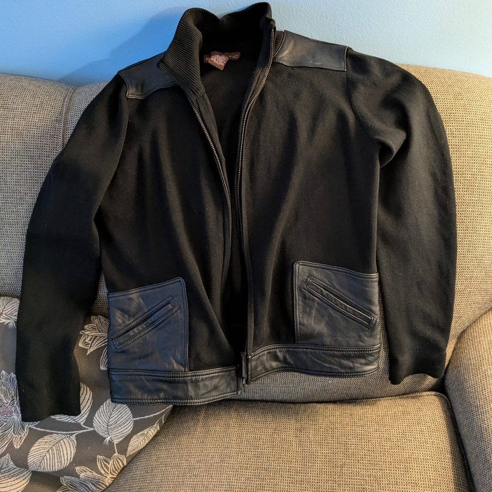 Bandolino Mens Zip Up Silk Blend Real Leather Trim Cardigan/Jacket